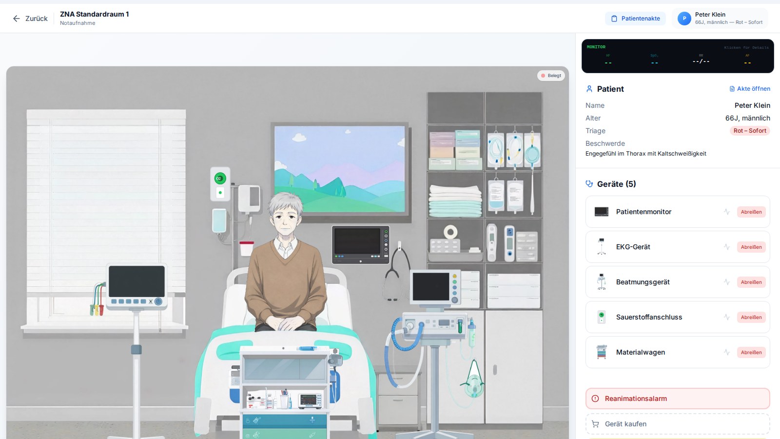 Patientenzimmer mit Geräten und interaktiven Aktionsflächen